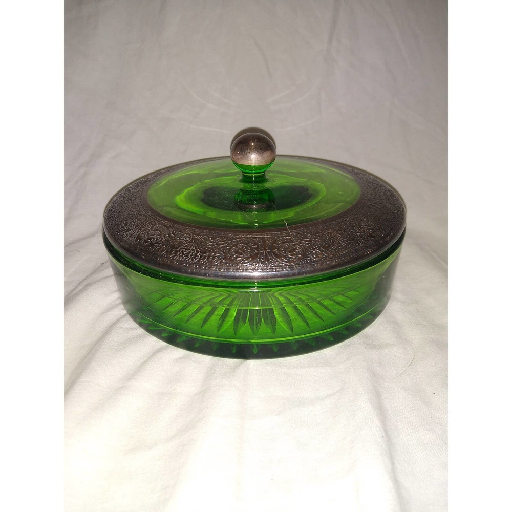 Gorgeous green depression glass covered bowl with ornate metal accented lid